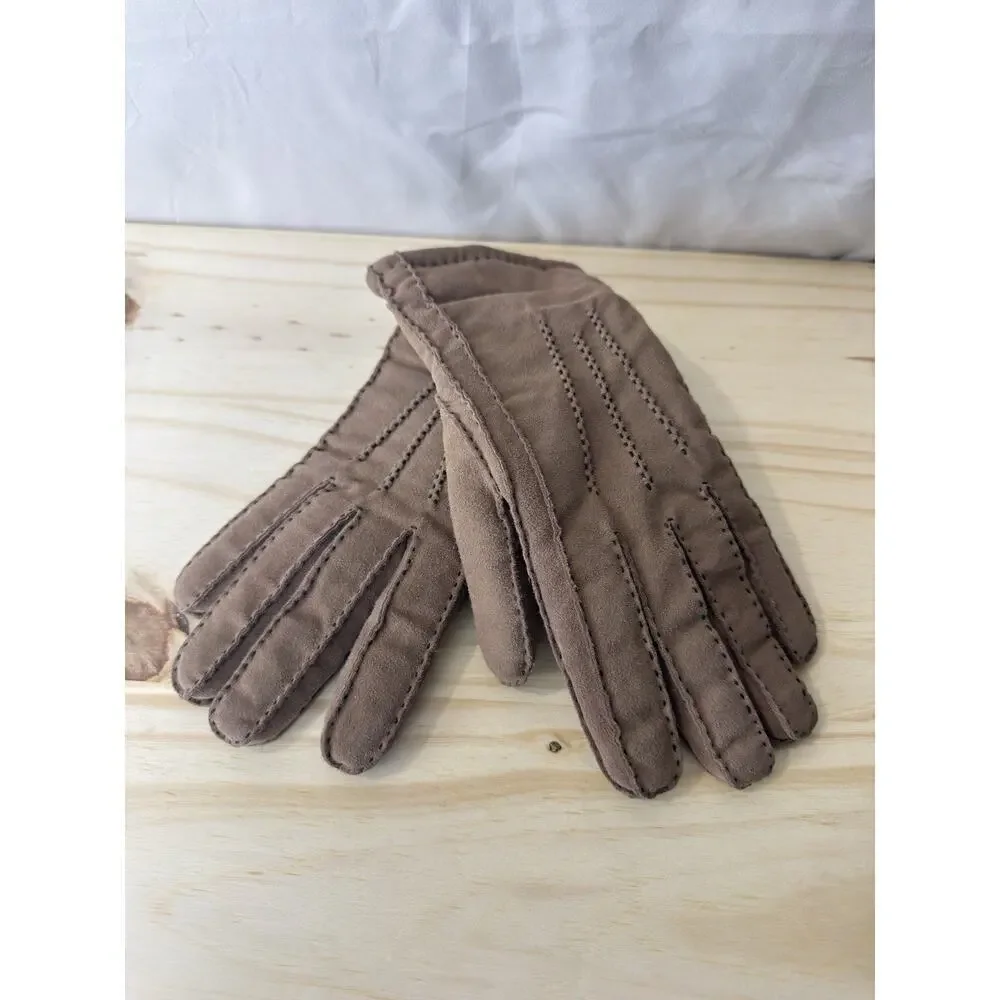Gloves Women Medium Brown Goat Suede Leather Faux Shearling Lining Winter Warm